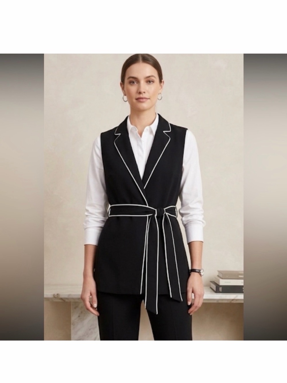 Who What Wear Black Sleeveless Tie-Waist Vest with White Piping